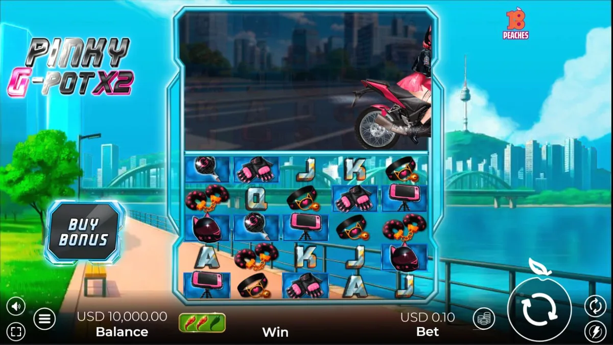 Interface neon vibrante do jogo de slot Pinky G-Pot X2 com temática de cultura de rua de Seul