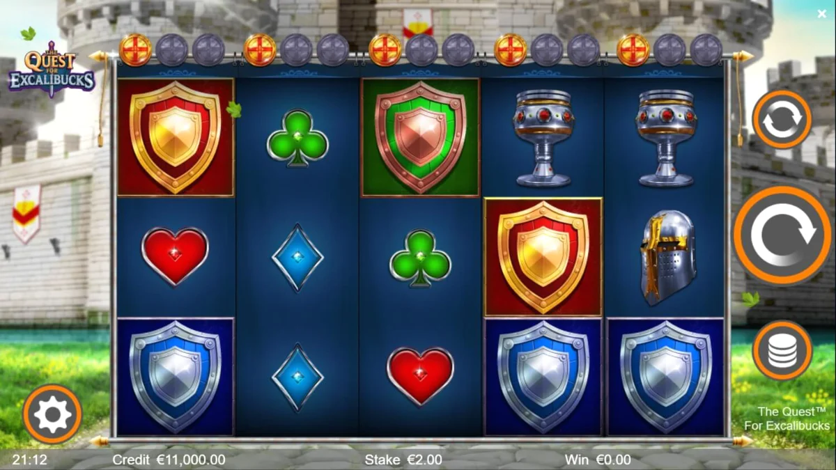 Cena medieval do slot The Quest for Excalibucks com cavaleiros e espadas