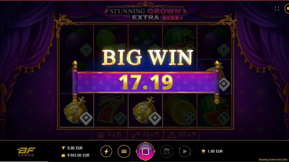 Interface do jogo de slot Stunning Crown Extra Dice com símbolos de coroa e dados