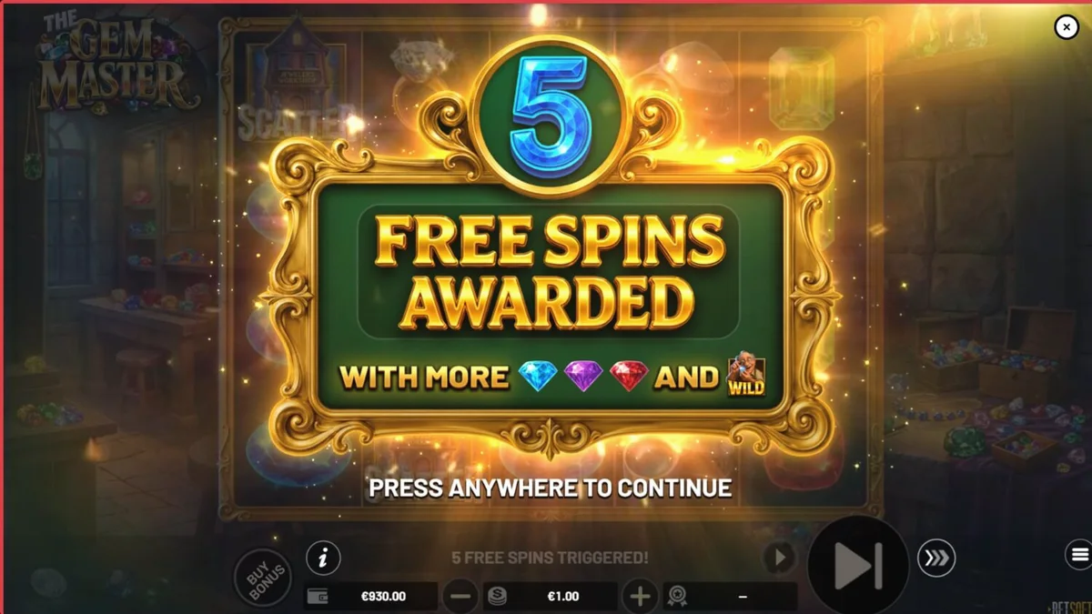 Interface do jogo de slot The Gem Master com pedras preciosas e ferramentas de joalheiro